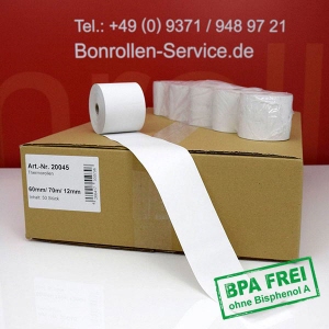 Thermorollen / Kassenrollen 60/70m/12 - weiß, BPA-frei, außenbeschichtet
