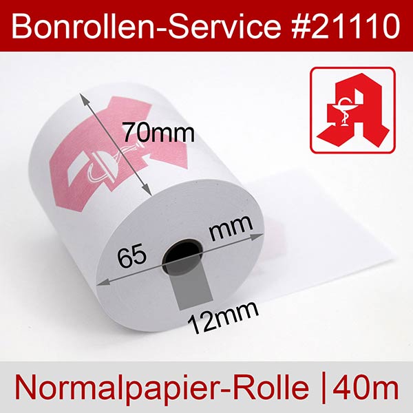 Detailansicht mit Rollenmaßen - Apothekenrollen mit Aufdruck | weiß | 70/65/12 für Epson TM-U925