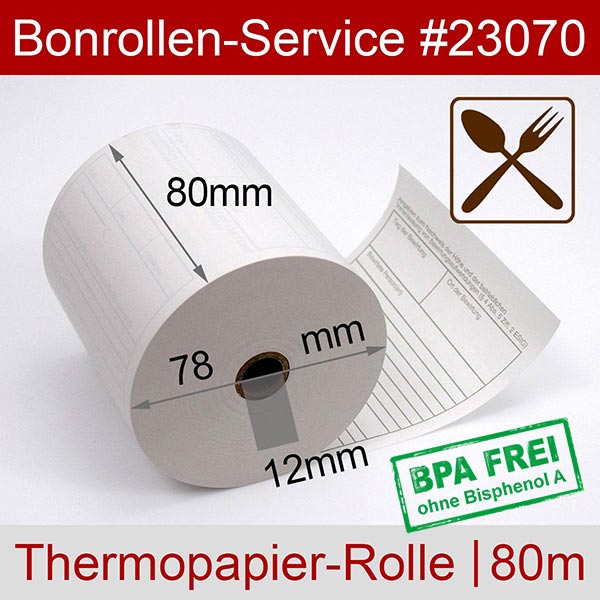 Detailansicht mit Rollenmaßen - Bewirtungsbeleg-Rollen 80/80m/12 | weiß | BPA-frei für Serd ECR 650 F