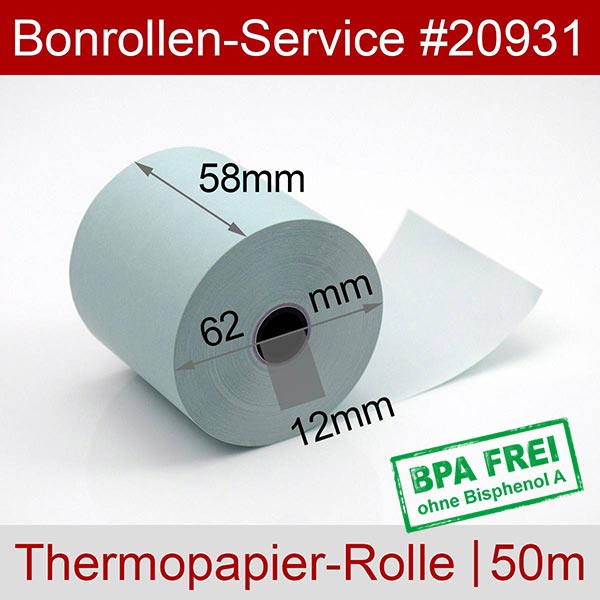 Detailansicht mit Rollenmaßen - Thermorollen / Kassenrollen 58/50m/12 | blau | BPA-frei für Multi-Data ER 260