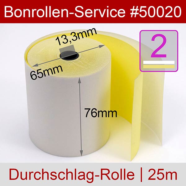 Detailansicht mit Rollenmaßen - Durchschlagpapierrollen, cb/cf | weiß/gelb | 76/25m/13,3 für Citizen CBM-710