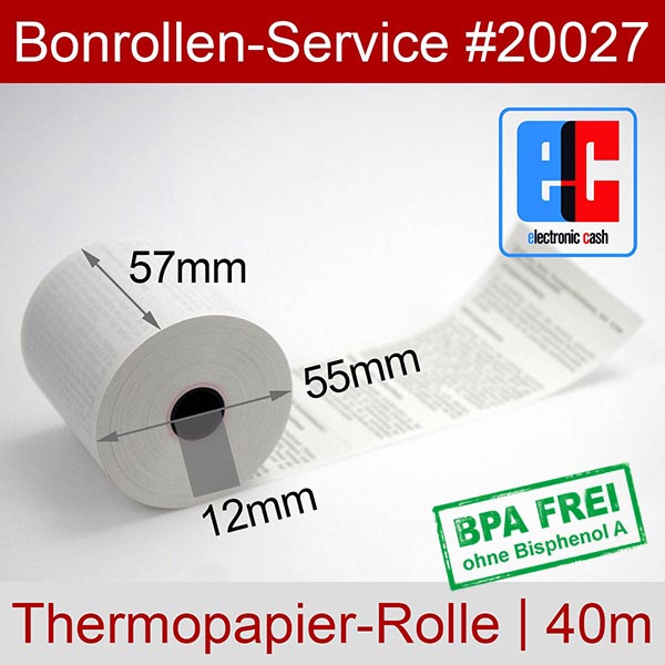 Detailansicht mit Rollenmaßen - EC-Rollen 57/40m/12 mit SEPA-Text | weiß | BPA-frei für Custom S Print WiFi