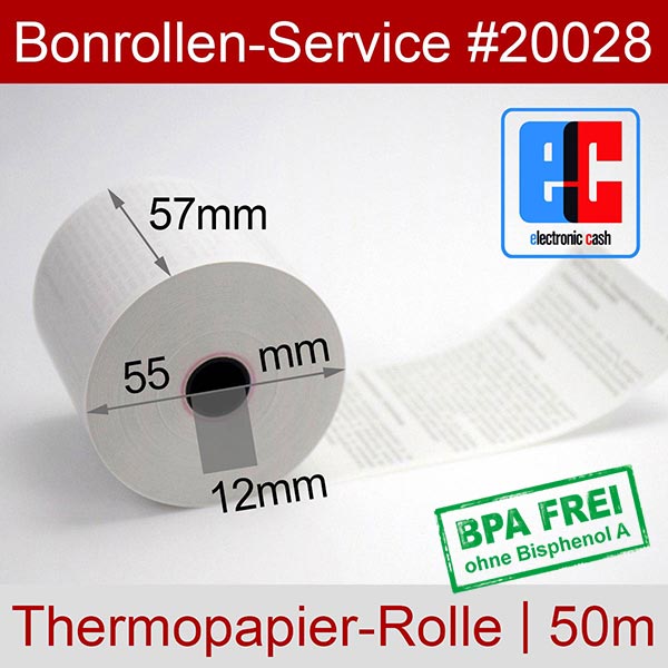 Detailansicht mit Rollenmaßen - EC-Rollen 57/50m/12 mit SEPA-Text | weiß | BPA-frei für Axiohm TPOS Couponing