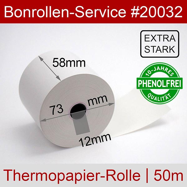 Detailansicht mit Rollenmaßen - Extrastarke Thermorollen 58/50m/12 | weiß | phenolfrei für ARTDEV AP-5100-US