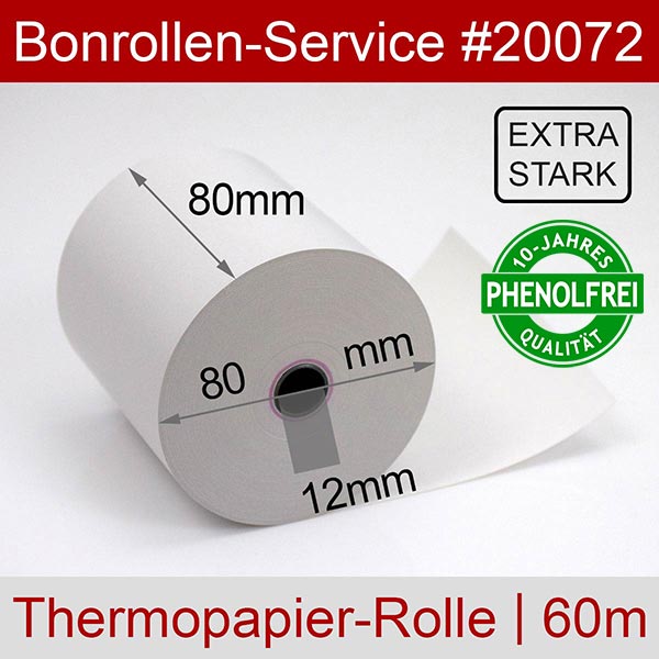 Detailansicht mit Rollenmaßen - Extrastarke Thermorollen 80/80m/12 | weiß | phenolfrei für Multi-Data ECR 1880