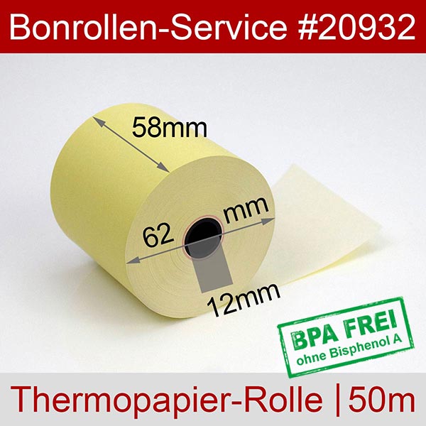 Detailansicht mit Rollenmaßen - Thermorollen / Kassenrollen 58/50m/12 | gelb | BPA-frei für Sharp XE-A203 B