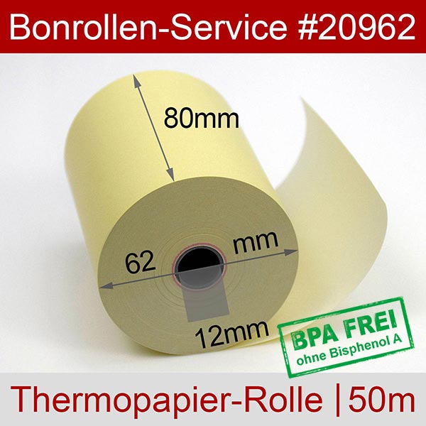 Detailansicht mit Rollenmaßen - Thermorollen / Kassenrollen 80/50m/12 | gelb | BPA-frei für Samsung SRP 300