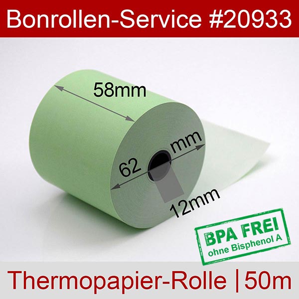 Detailansicht mit Rollenmaßen - Thermorollen / Kassenrollen 58/50m/12 | grüm | BPA-frei für Bizerba CE-H 500