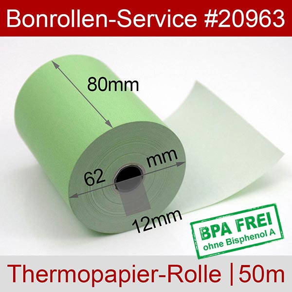 Detailansicht mit Rollenmaßen - Thermorollen / Kassenrollen 80/50m/12 | grün | BPA-frei für Posbank A10-UB