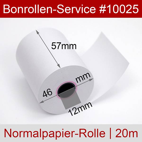 Detailansicht mit Rollenmaßen - Bonrollen / Kassenrollen - Normalpapier | weiß | 57/20m/12 für Ohaus SF40A