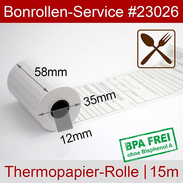 Detailansicht mit Rollenmaßen - Bewirtungsbeleg-Rollen 58/15m/12 | weiß | BPA-frei für Epson TM-P20