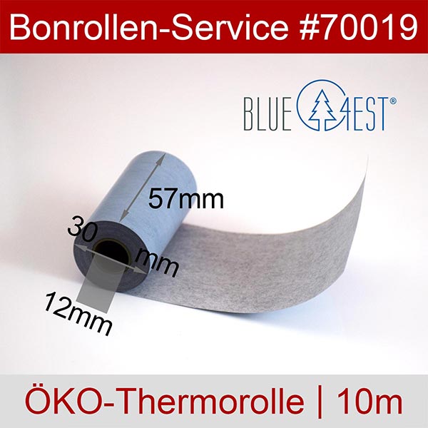 Detailansicht mit Rollenmaßen - Öko-Thermorollen 57/10m/12 | blau | Blue4est® für Partner-Tech MF-2350