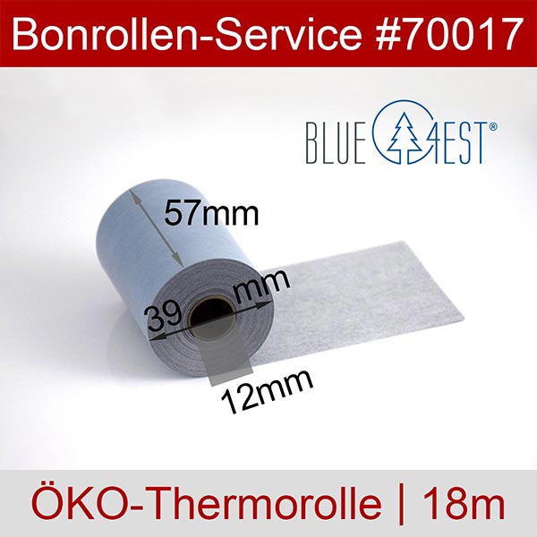 Detailansicht mit Rollenmaßen - Öko-Thermorollen 57/18m/12 | blau | Blue4est® für Metapace M-20i