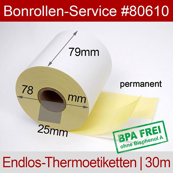 Detailansicht mit Rollenmaßen - Thermoetiketten 79mm x 30m, endlos > BPA-frei, permanent für Epson TM-L90 (412)