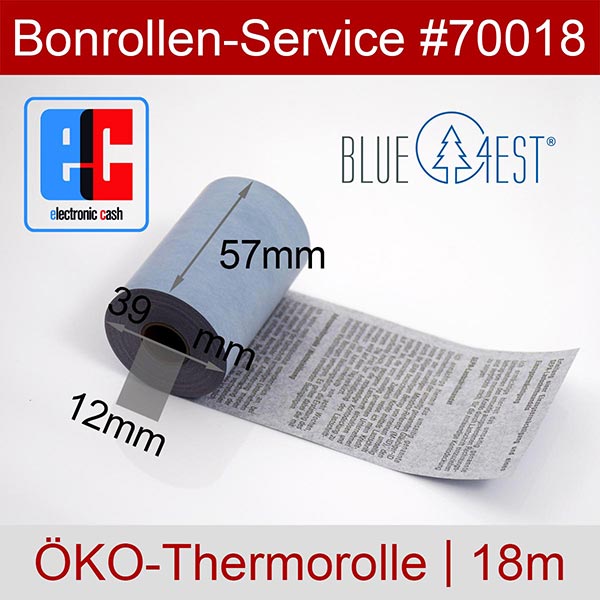 Detailansicht mit Rollenmaßen - Öko-EC-Rollen 57/18m/12 mit SEPA-Text | blau | Blue4est® für Ingenico Desk/5000