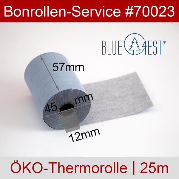 Detailansicht mit Rollenmaßen - Öko-Thermorollen 57/25m/12 | blau | Blue4est® für Dataprocess 40 Silver