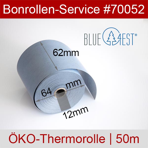 Detailansicht mit Rollenmaßen - Öko-Thermorollen 62/50m/12 | blau | Blue4est® für Mettler-Toledo UC3 CT-P