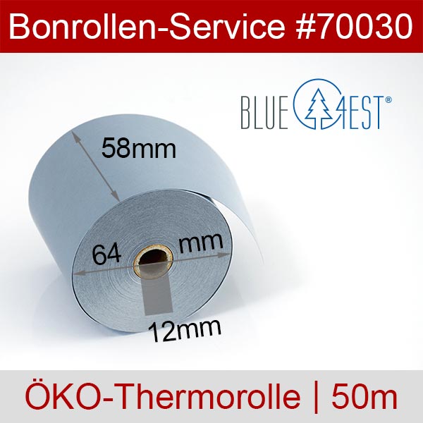 Detailansicht mit Rollenmaßen - Öko-Thermorollen 58/50m/12 | blau | Blue4est® für Seiko DPU-D2