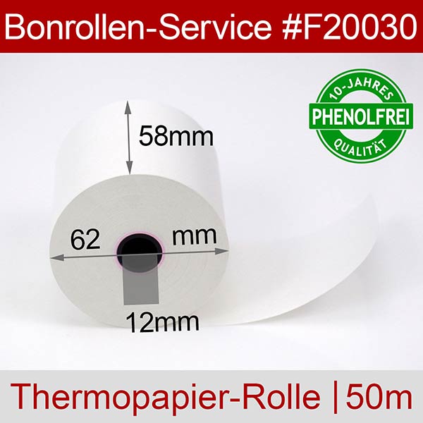 Detailansicht mit Rollenmaßen - Thermorollen / Kassenrollen 58/50m/12 | weiß | phenolfrei für Bizerba CE-H 200 F