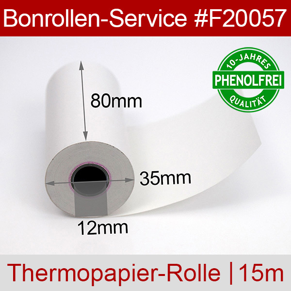 Detailansicht mit Rollenmaßen - Thermorollen / Kassenrollen 80/15m/12 | weiß | phenolfrei für Brother RJ-3035B