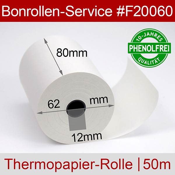 Detailansicht mit Rollenmaßen - Thermorollen / Kassenrollen 80/50m/12 | weiß | phenolfrei für Honeywell PB50