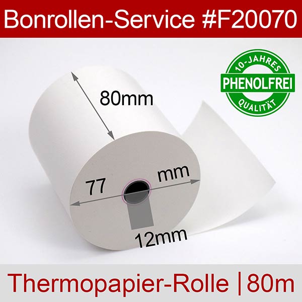 Detailansicht mit Rollenmaßen - Thermorollen / Kassenrollen 80/80m/12 | weiß | phenolfrei für Axiohm ASTRIUM