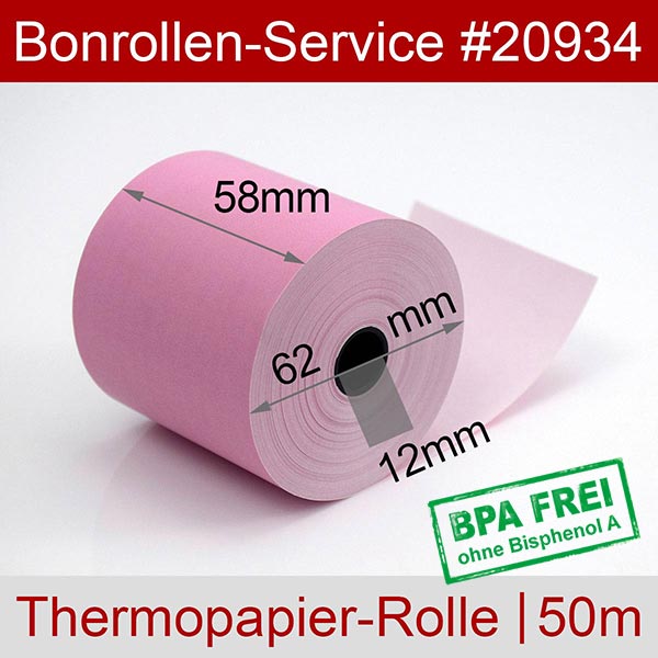 Detailansicht mit Rollenmaßen - Thermorollen / Kassenrollen 58/50m/12 | rosa | BPA-frei für ARTDEV AP-5100-US