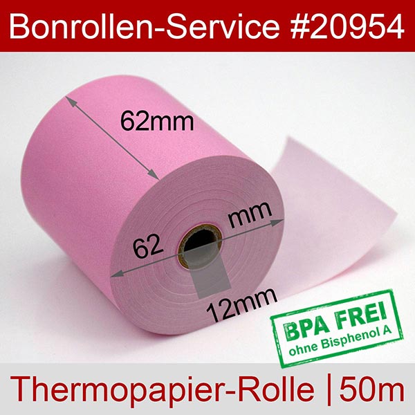 Detailansicht mit Rollenmaßen - Thermorollen / Kassenrollen 62/50m/12 | rosa | BPA-frei für Mettler-Toledo UC-GTT-M VCO