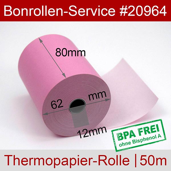 Detailansicht mit Rollenmaßen - Thermorollen / Kassenrollen 80/50m/12 | rosa | BPA-frei für Axiohm A 716