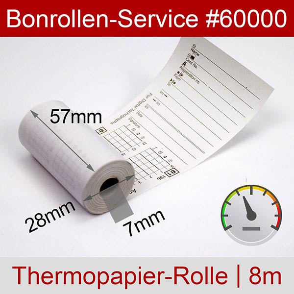 Detailansicht mit Rollenmaßen - Tachographenrollen / Tachorollen, 57 / 8m / 7 mit Rückseitendruck für EFKON EFAS 5