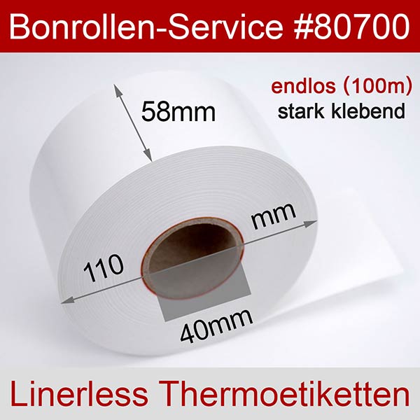 Detailansicht mit Rollenmaßen - Linerless-Etiketten 58 mm x 100 m > phenolfrei, stark klebend für Mettler-Toledo UC-CT-M VCO