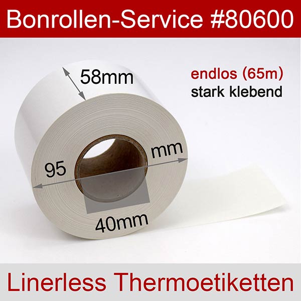 Detailansicht mit Rollenmaßen - Linerless-Etiketten 58 mm x 65 m > phenolfrei, stark klebend für Digi SM-5300SSP