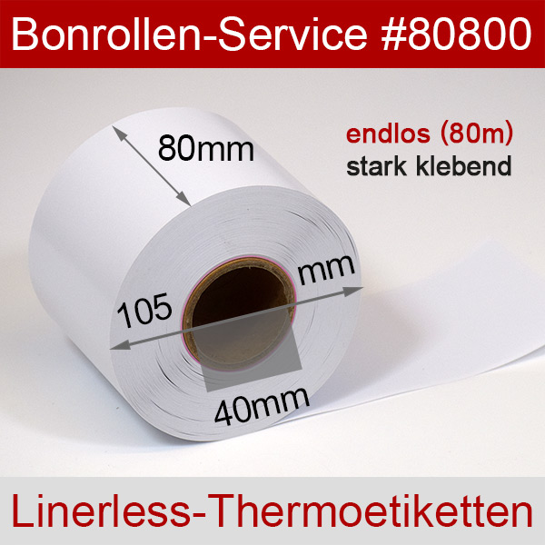 Detailansicht mit Rollenmaßen - Linerless-Etiketten 80 mm x 80 m > phenolfrei, stark klebend für Epson TM-L100 (121)