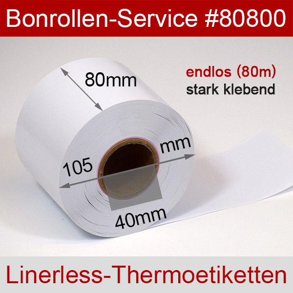 Detailansicht mit Rollenmaßen - Linerless-Etiketten 80 mm x 80 m > phenolfrei, stark klebend für Toshiba-TEC BV420D-GL02-QM-S