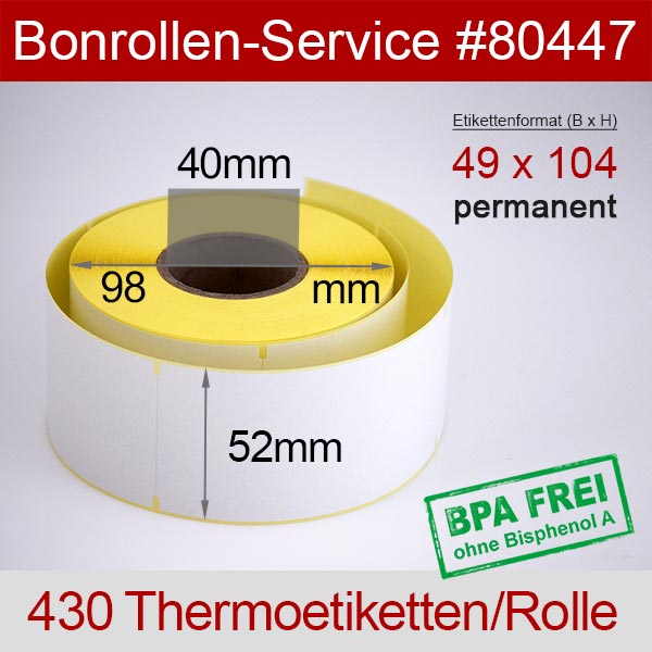 Detailansicht mit Rollenmaßen - Thermoetiketten 49x104 > BPA-frei, permanent klebend für Avery-Berkel IX212