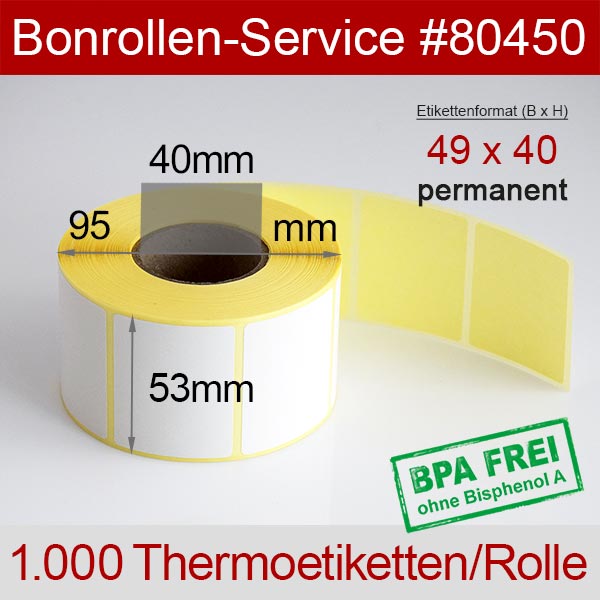 Detailansicht mit Rollenmaßen - Thermoetiketten 49x40 > BPA-frei, permanent klebend für Avery-Berkel IM400