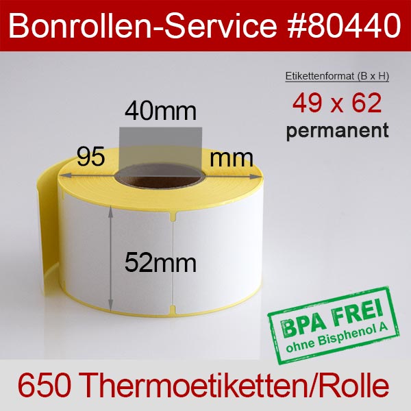 Detailansicht mit Rollenmaßen - Thermoetiketten 49x62 > BPA-frei, permanent klebend für Avery-Berkel IX302P