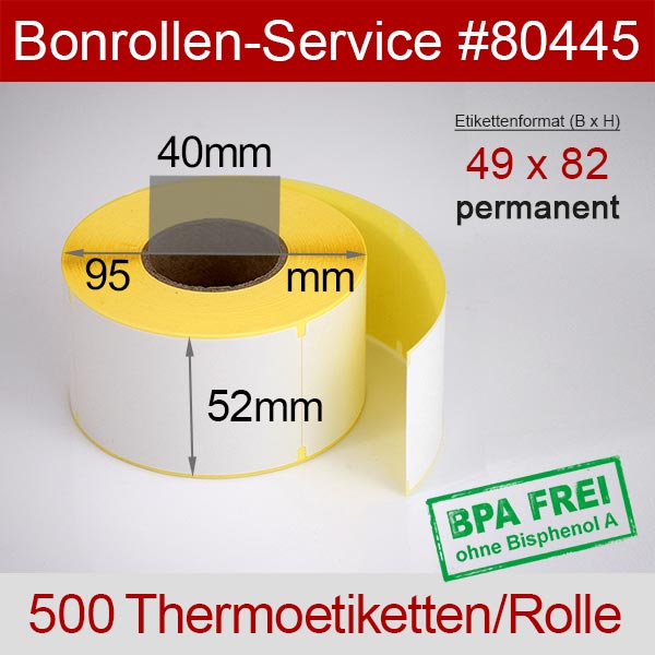 Detailansicht mit Rollenmaßen - Thermoetiketten 49x82 > BPA-frei, permanent klebend für Avery-Berkel IX110