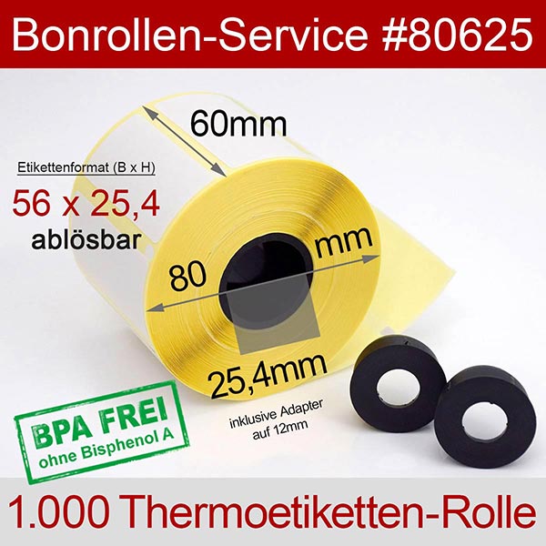 Detailansicht mit Rollenmaßen - Thermoetiketten 56mm x 25,4mm > BPA-frei, ablösbar für Epson TM-L90