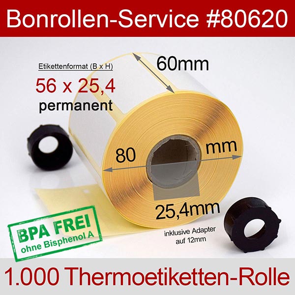 Detailansicht mit Rollenmaßen - Thermoetiketten 56mm x 25,4mm > BPA-frei, permanent für Citizen CL-S621