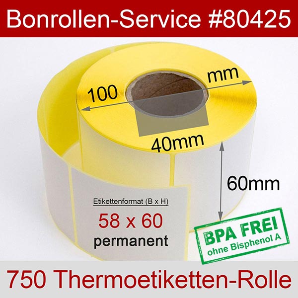 Detailansicht mit Rollenmaßen - Thermoetiketten 58x60 > BPA-frei, permanent klebend für Albasca RTS-L80USE