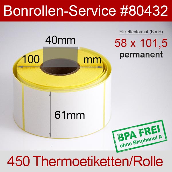 Detailansicht mit Rollenmaßen - Thermoetiketten 58x101,5 > BPA-frei, permanent klebend für Mettler-Toledo bPlus