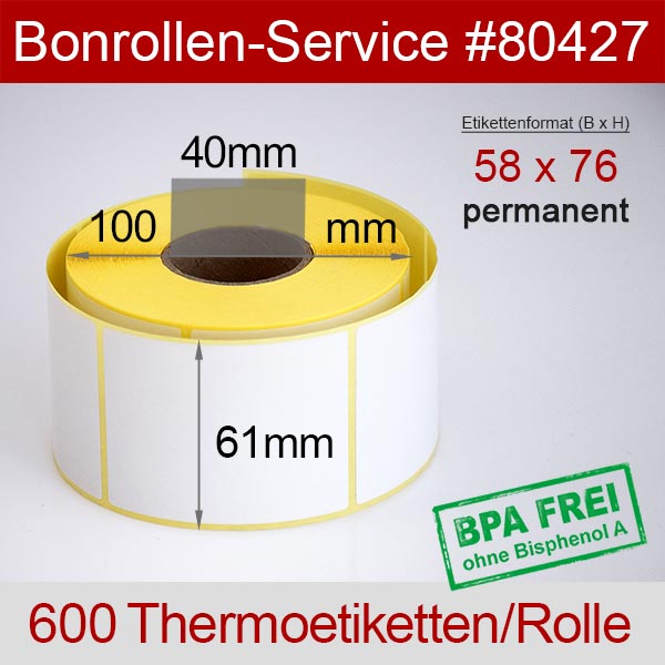 Detailansicht mit Rollenmaßen - Thermoetiketten 58x76 > BPA-frei, permanent klebend für Mettler-Toledo bPlus-U2