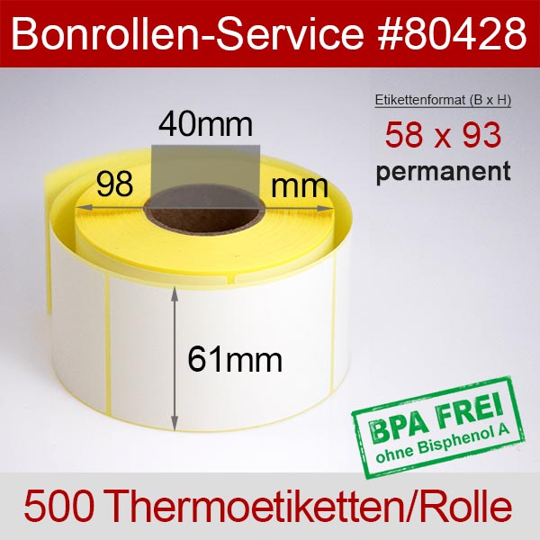 Detailansicht mit Rollenmaßen - Thermoetiketten 58x93 > BPA-frei, permanent klebend für Mettler-Toledo bPlus-H2