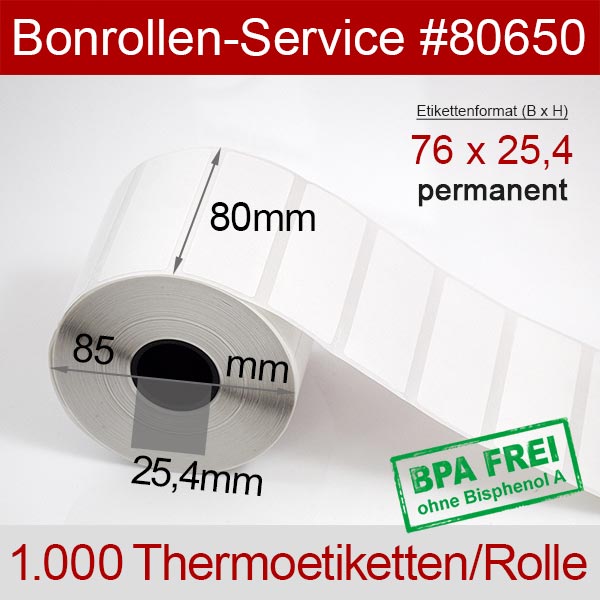 Detailansicht mit Rollenmaßen - Thermoetiketten 76mm x 25,4mm > BPA-frei, permanent für Epson TM-L90 Peeler