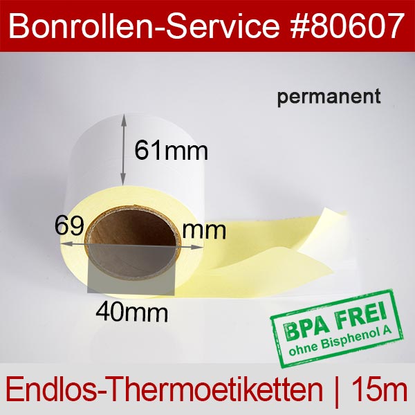 Detailansicht mit Rollenmaßen - Thermoetiketten 61mm x 15m, endlos > BPA-frei, permanent für Mettler-Toledo FreshWay H