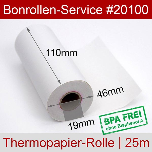 Detailansicht mit Rollenmaßen - Thermorollen / Kassenrollen 110/25m/19 | weiß | BPA-frei für Honeywell RP4D