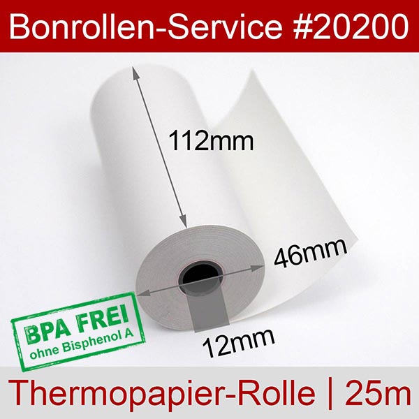 Detailansicht mit Rollenmaßen - Thermorollen / Kassenrollen 112/25m/12 | weiß | BPA-frei für Seiko LTPV445