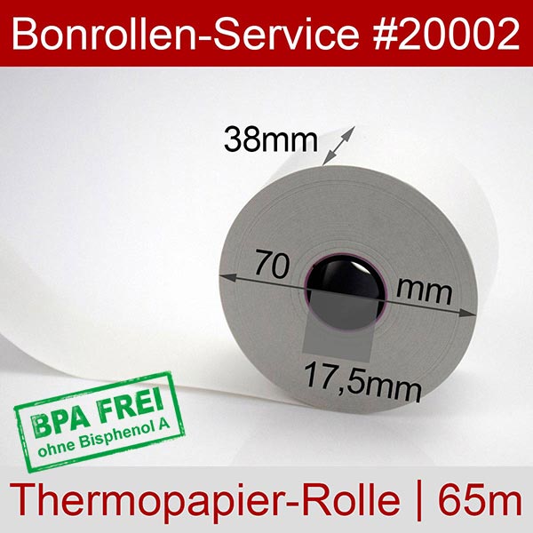 Detailansicht mit Rollenmaßen - Thermorollen / Kassenrollen 38/70/17,5 | weiß | BPA-frei für Quorion CR 1020