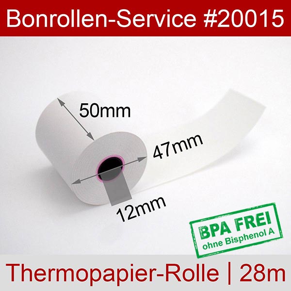 Detailansicht mit Rollenmaßen - Thermorollen / Kassenrollen 50/28m/12 | weiß | BPA-frei für Zebra MZ 220